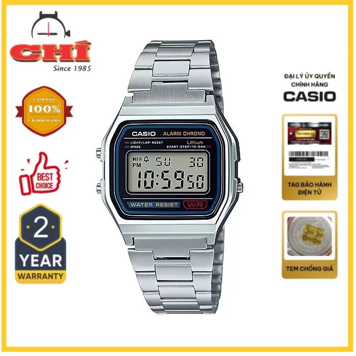Đồng hồ Casio Vintage Dây Kim Loại Bạc, Pin 7 Năm – A158WA-1DF Chính Hãng