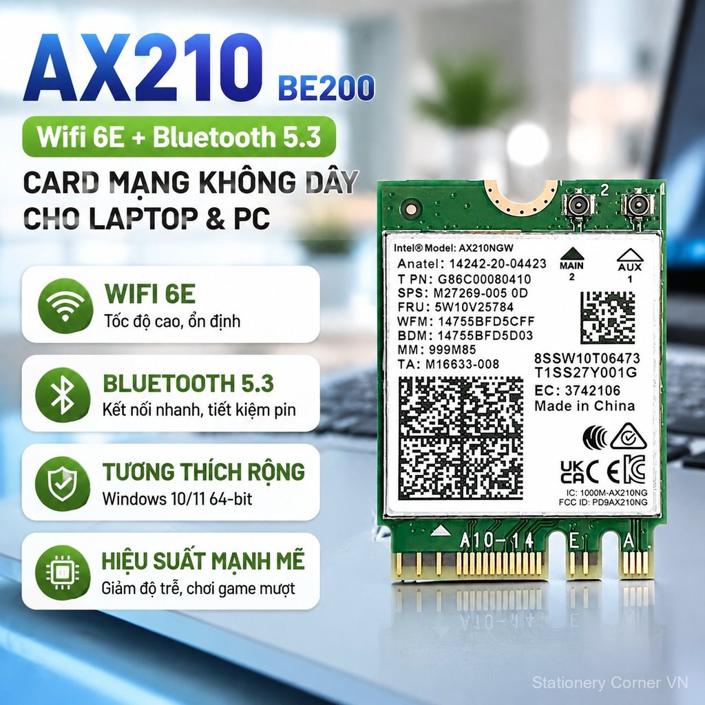Card WiFi AX210 BE200 Bluetooth cho laptop và PC, tốc độ Gigabit ổn định