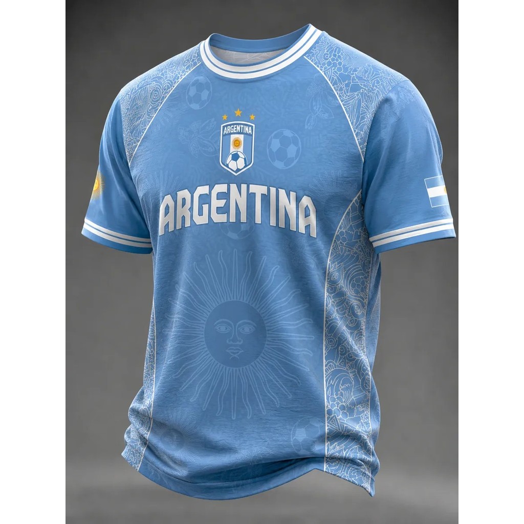 Argentina 3 sao Sun of May Mandala Soccer Pattern In hình áo thun nam tay ngắn cổ tròn,