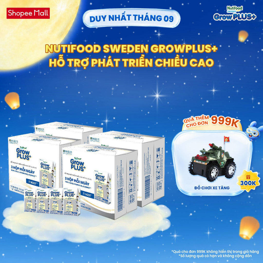 Combo 4 Thùng 24 hộp Sữa Bột Pha Sẵn Nutifood Sweden GrowPLUS+ Cao lớn vượt trội hộp 110 ml