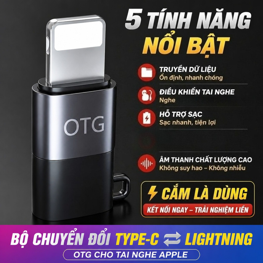 Đầu Chuyển OTG 2 Chiều Type-C Sang Lightning, Hỗ Trợ Tai Nghe, USB OTG, Sạc Nhanh Cho iPhone iPad An