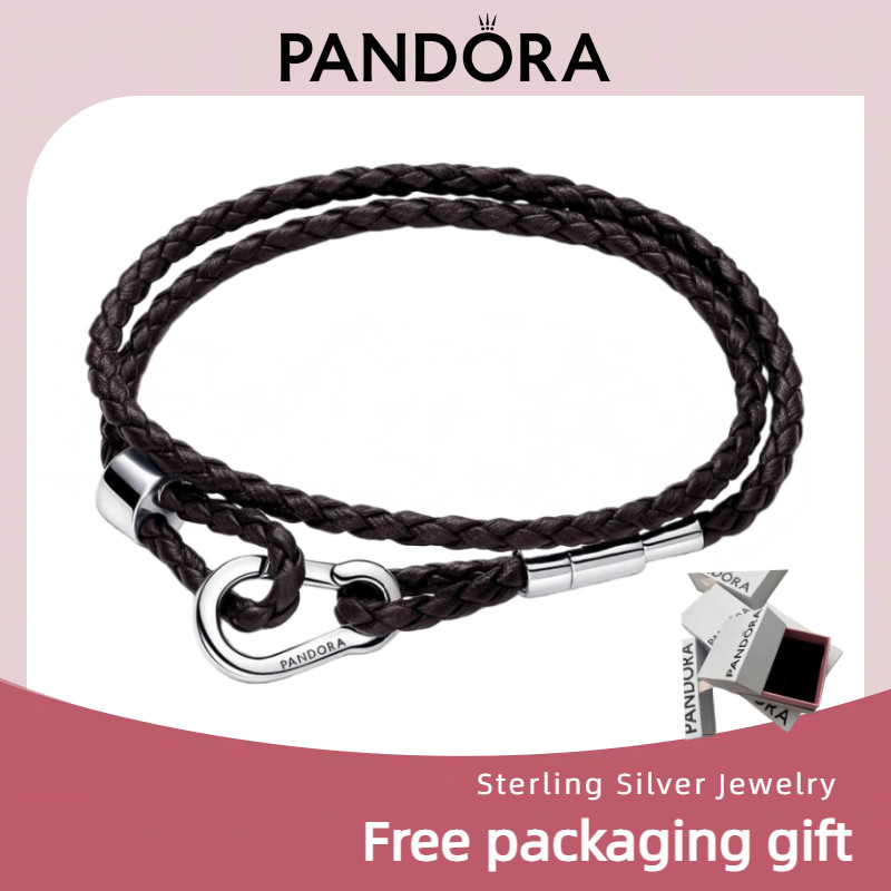 Bạc Trang Sức Dây Chuyền và Vòng Tay Nâu Bện Đôi Da - Phong Cách Pandora Moments