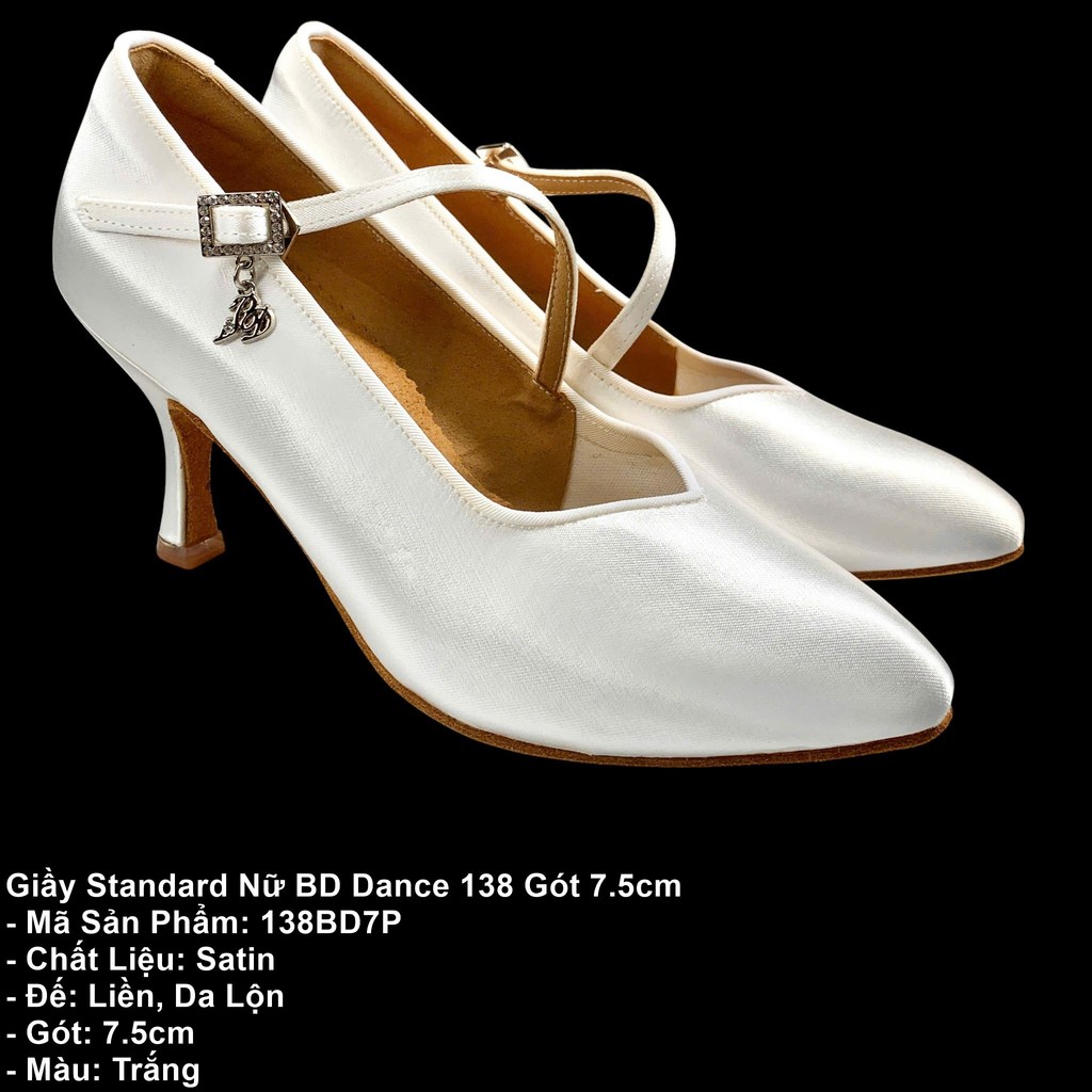 Giầy Khiêu Vũ Dancesports Standard Nữ BD Dance 138 Gót 7.5cm (138BD7P) - Satin Trắng (Tặng túi đựng 