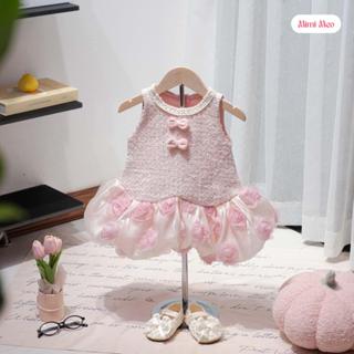  Đầm Dạ Mùa Đông Cho Bé Gái Mimi Meo TD353 Váy Dạ Hồng Phối Hoa Nổi 3D Đi Tiệc Noel Tết Sang Trọng Size 9-34kg 