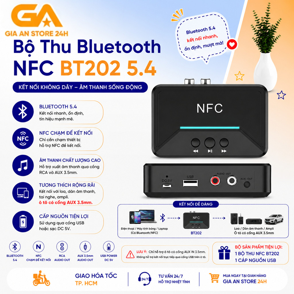 Bộ Thu Bluetooth BT202 5.4 NFC Receiver Audio Không Dây Hỗ Trợ AUX 3.5mm RCA