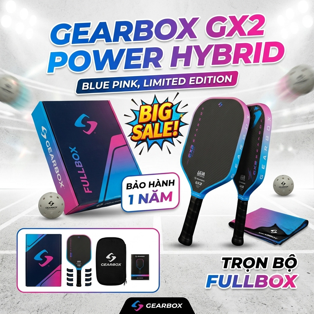 Vợt Pickleball Gearbox GX2 Power Hybrid Limited Edition Blue Pink tặng combo quà chính hãng