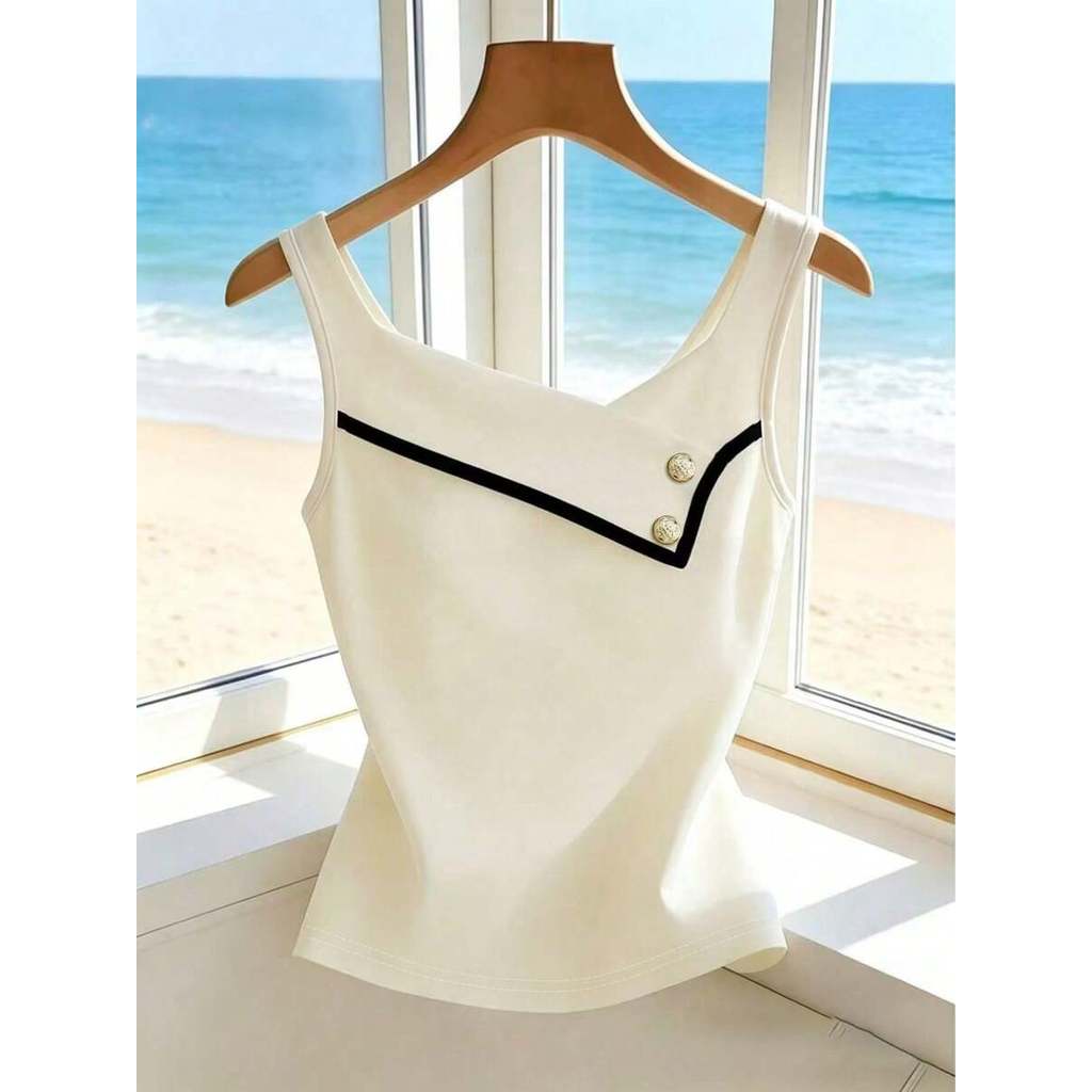 Áo tank top trắng nữ, Áo tank top thanh lịch nữ, Áo tank top phối màu nữ, Áo tank top thường ngày nữ