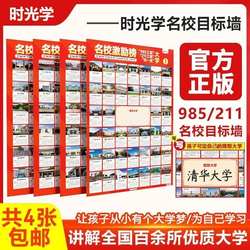 [Trọn bộ 4 tờ] Nhãn dán tường mục tiêu trường học nổi tiếng 985 / 211 Giới thiệu đại học Quốc gia Ba