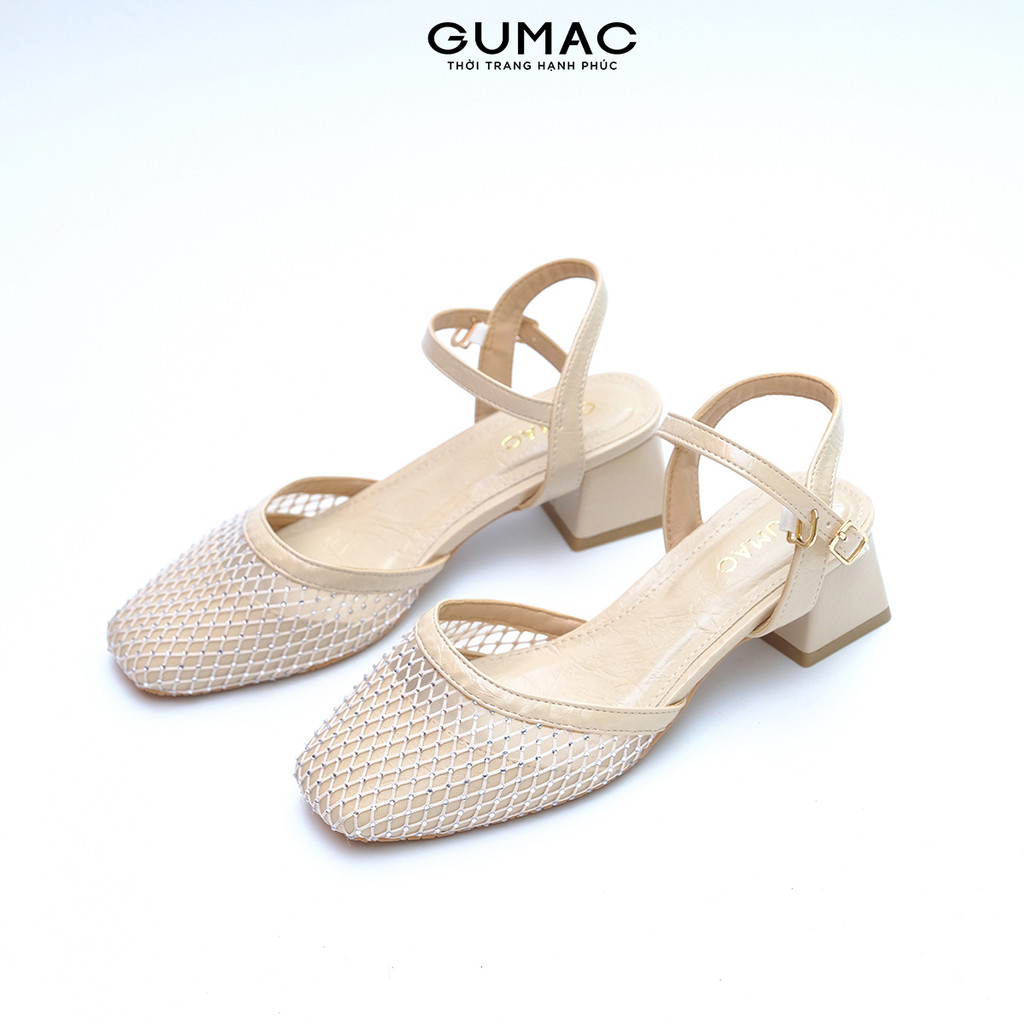 Giày Cao Gót Nữ GUMAC Quai Hậu Phối Lưới Gót Vuông Thanh Lịch Thời Trang GG04099