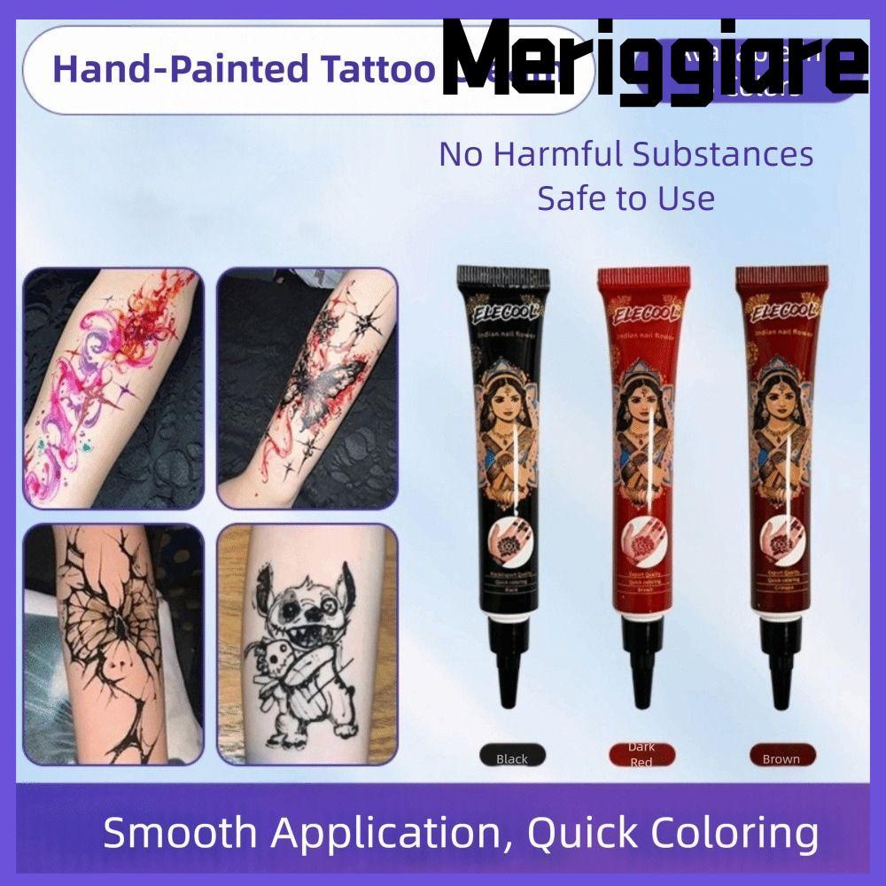 Kem xăm Henna MERIGGIARE, Dễ sử dụng Tạm thời Henna Paste Cone, Kem Henna Bán vĩnh viễn Nâu đen Mehn