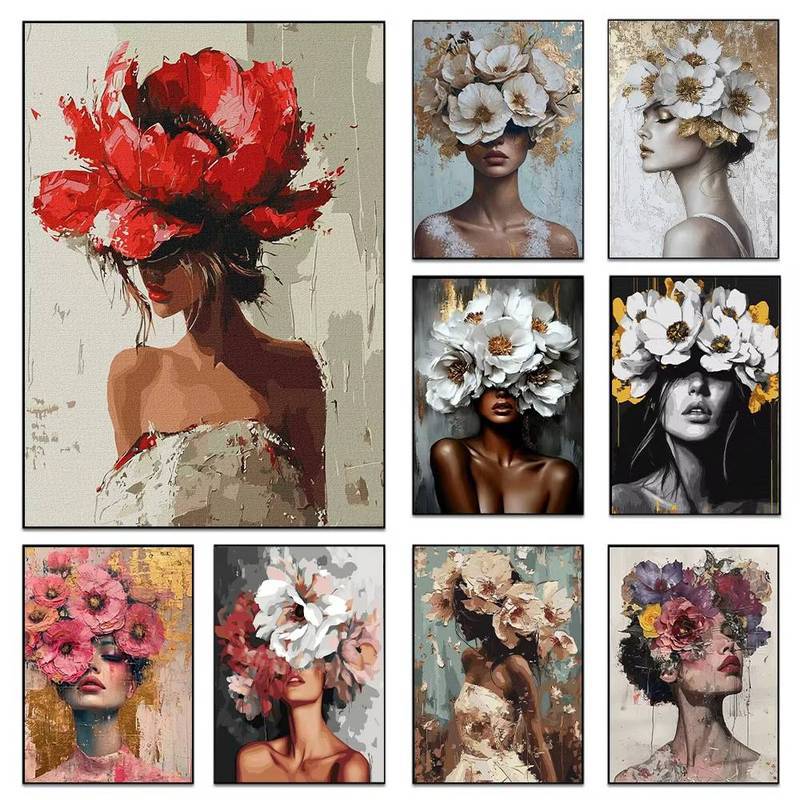 Fashion Floral Woman Portrait Poster Print For Living Room Home Decor Modern Flowers Girl Canvas Pai