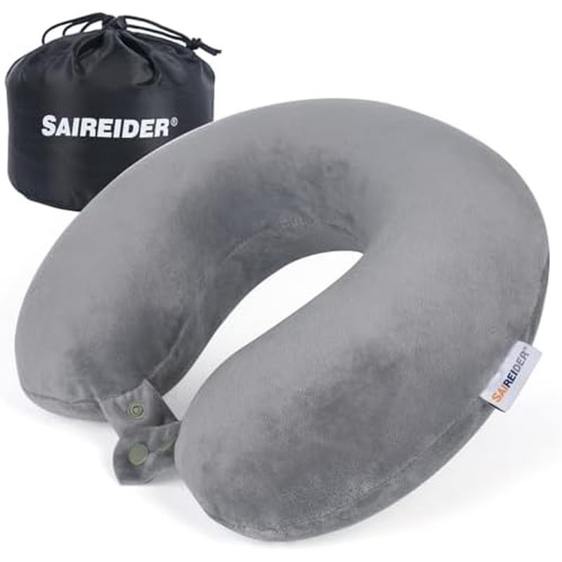 SAIREIDER Travel Pillow 100% Pure Memory Foam Travel Neck Pillow with Storage Bag, Airplane Pillow f