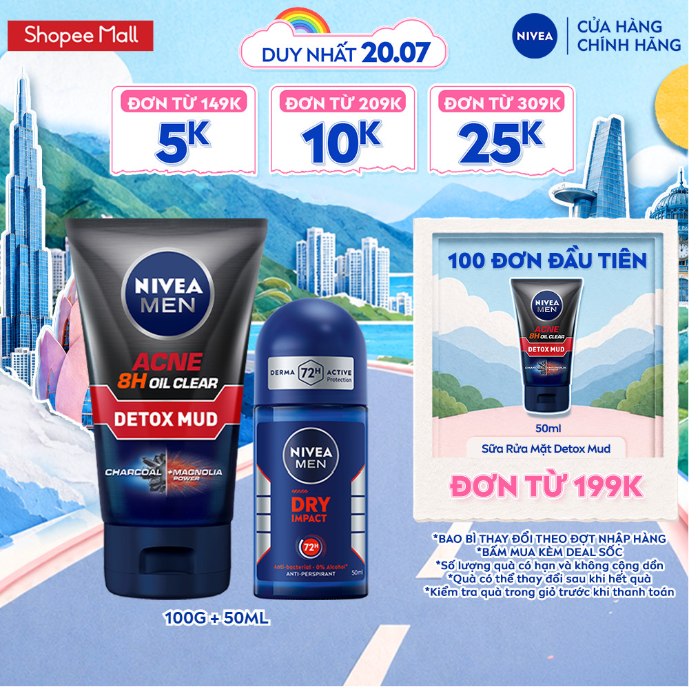 Bộ Đôi Sữa Rửa Mặt NIVEA MEN Acne Oil Clear Bùn Khoáng (100 g) + Lăn Ngăn Mùi NIVEA MEN Khô Thoáng (