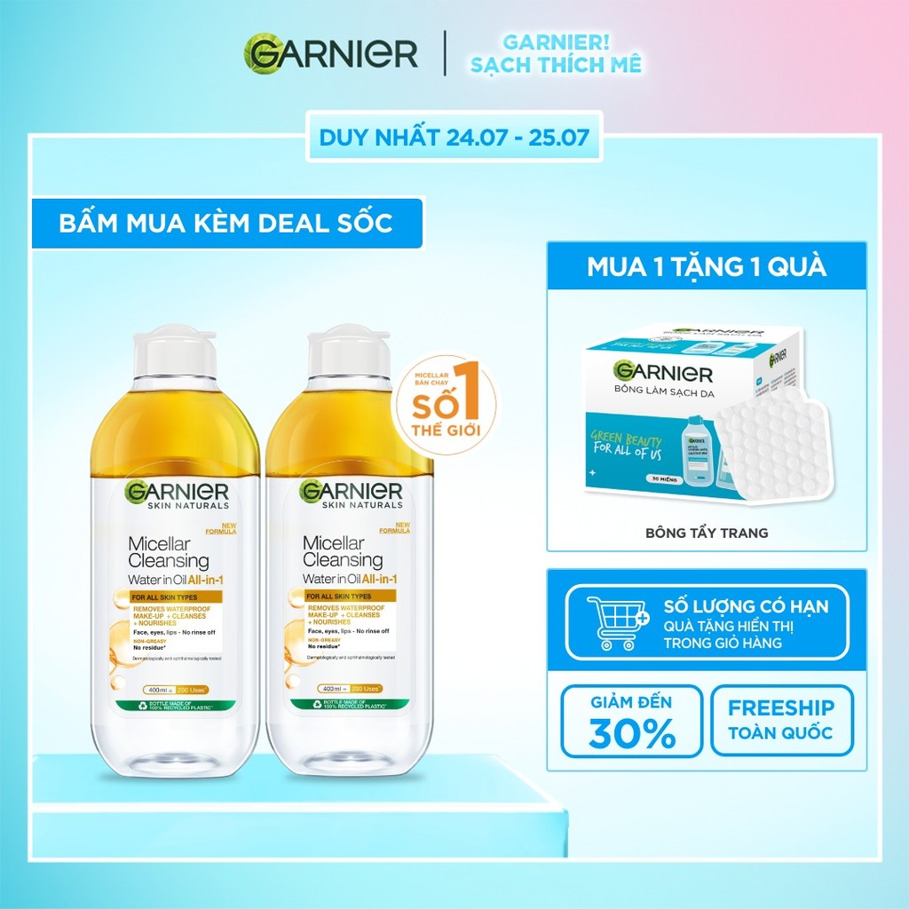Bộ 2 nước làm sạch và tẩy trang cho da khô & trang điểm Garnier Micellar Water 400ml x 2