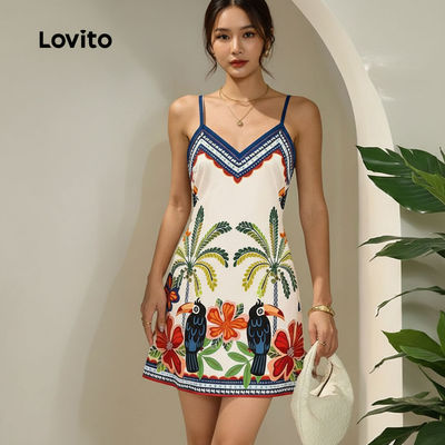Lovito Gaun Vacation Wanita Tali Bahu Boleh Laras Musim Bunga/Musim Panas LBL31253