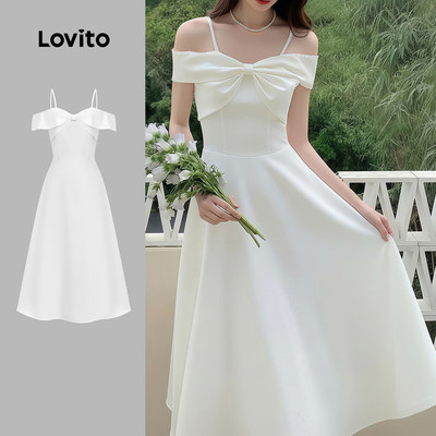 Lovito Đầm thanh lịch dự tiệc xếp ly có khóa kéo mùa xuân/hè màu trắng cho nữ L177ED239