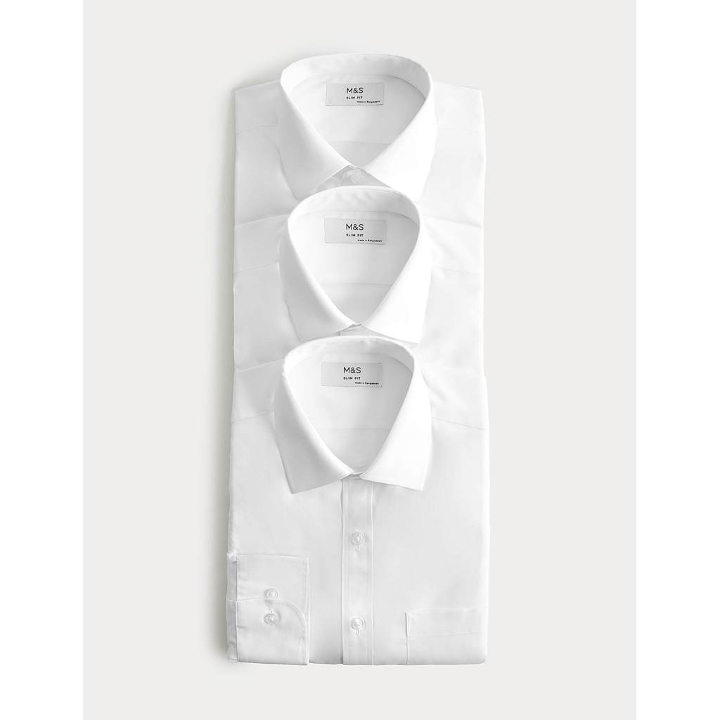 M&S - Shirts - 3 Pack Slim Fit Easy Iron Long Sleeve Shirts - WHITE