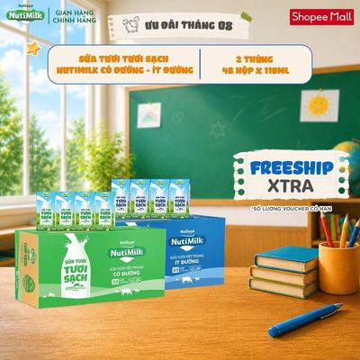 COMBO 2 Thùng 48 Hộp Sữa Tươi Tươi Sạch NutiMilk (1 Có Đường - 1 Ít Đường) 110ml