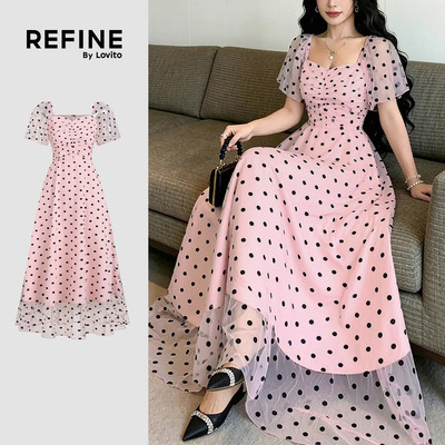 (New Arrival) (Refine by Lovito) Váy nữ màu hồng thanh lịch hai lớp phong cách xuân/hè Tiệc/Trang trọng LR41E017