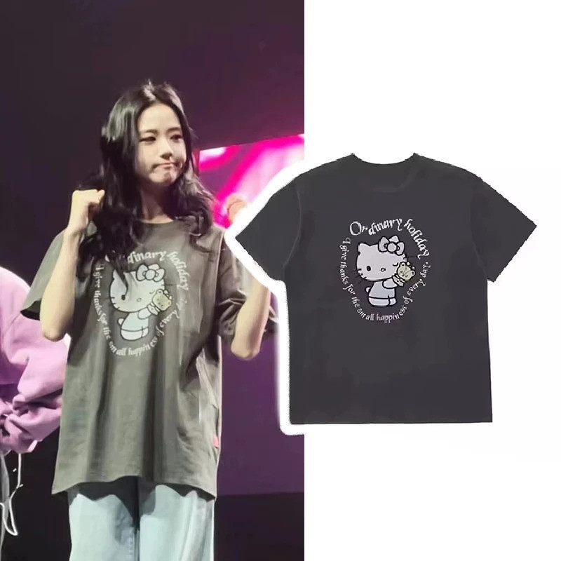 Hello Kitty Hoạt Hình Rời Cotton Cổ Tròn Áo Thun Giống Như Kim Jisoo Nam 2026 Áo Sơ Mi Nữ Thường Ngà