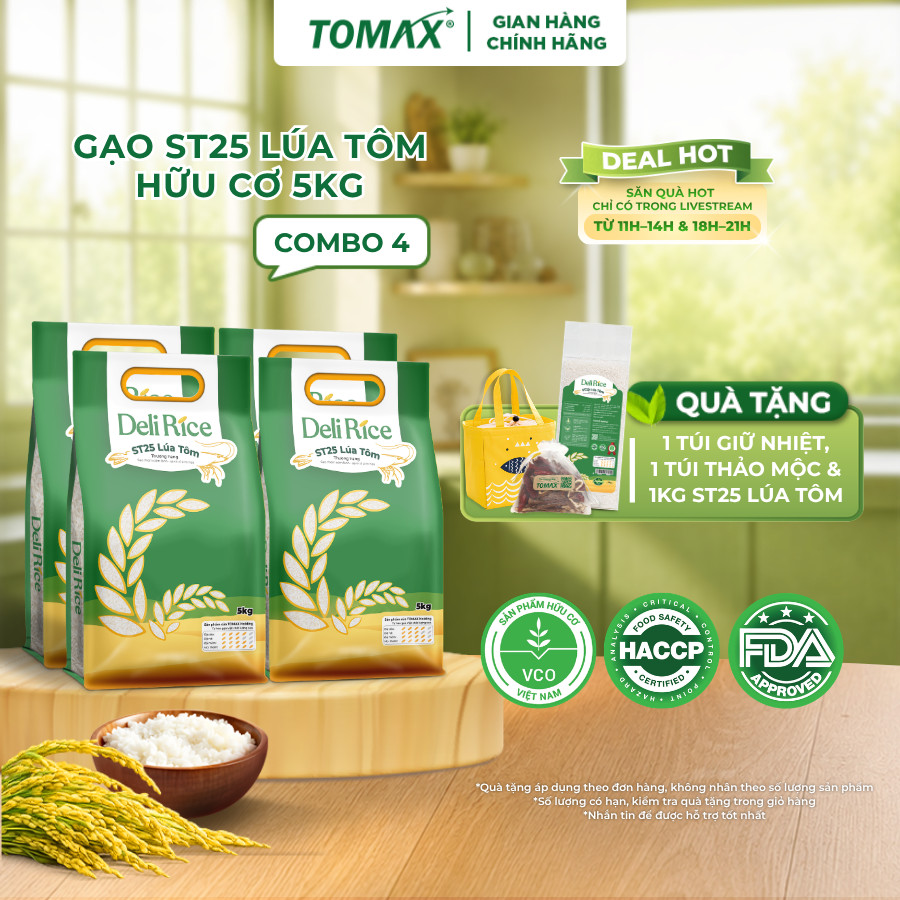 Combo 4 Túi Gạo Lúa Tôm Hữu Cơ Deli Rice 5kg Cơm Dẻo Ngon, Thơm Ngọt Tự Nhiên, Đậm Vị Dễ Ăn - TOMAX