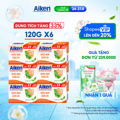 [TĂNG 33% DUNG TÍCH] Combo 6 Xà phòng Aiken sạch khuẩn Ngừa Mụn Sáng Da chiết xuất Bạc Hà (120g x 6)