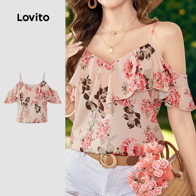 Áo Lovito phong cách thường ngày cắt xẻ họa tiết hoa hở vai cho nữ LK4AD050