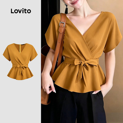 (New Arrival) Lovito Áo Blouse Nữ Mùa Xuân Hè Thông Thường Xếp Ly Màu Cam Đậm LK7ED525