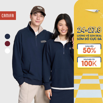 Áo nỉ unisex người lớn CANIFA dài tay cổ bẻ kéo khóa cào lông mềm mịn 5TW25C001
