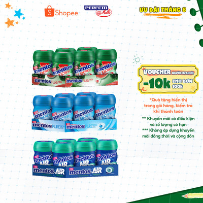 Kẹo Gum Mentos Air & Pure Fresh (Lốc 6 Hũ) - Bạc Hà, Bạc Hà Khuynh Diệp, Dưa Hấu