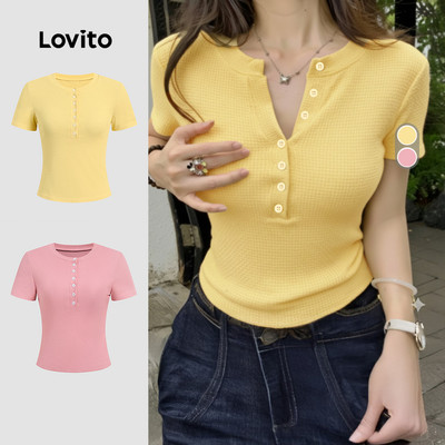 Lovito Áo thun nữ vàng xuân hè cổ điển đa năng nút trước phong cách thường ngày L172LD333