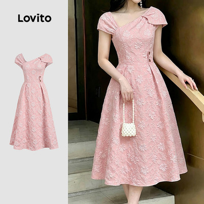 (New Arrival) Lovito Đầm Midi Dáng Chữ a Bất Đối Xứng Cổ Vuông Chất Liệu Jacquard Màu Hồng Thích Hợp Mặc Hàng Ngày Vào Mùa Xuân/hè Cho Nữ LR41E015