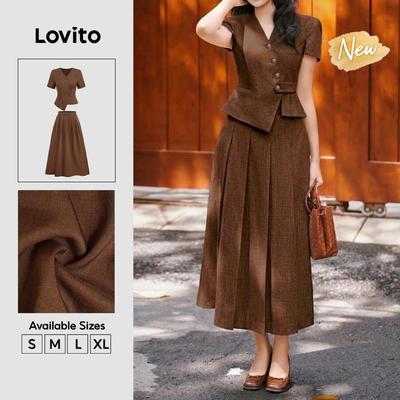 (New Arrival) Lovito Áo/quần bất đối xứng với nút gài xếp ly mùa xuân/hè màu nâu cho nữ KSB38BR090