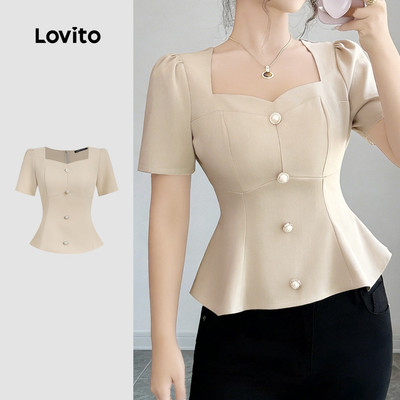 Lovito Áo thanh lịch lai bèo xếp nếp phối nút kim loại mùa xuân/hè màu kaki cho nữ L177ED113