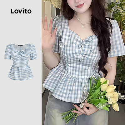 Lovito Áo phong cách thường ngày họa tiết hình học cột dây xếp nếp mùa xuân/hè màu xanh dương cho nữ L177ED146