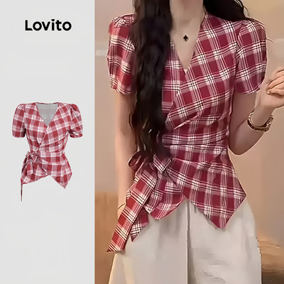 (New Arrival) Lovito Áo sơ mi nữ màu đỏ xếp ly phong cách thường ngày mùa xuân/hè L195ED363