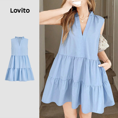 Đầm Lovito phong cách thường ngày xếp ly nhiều tầng mùa xuân/hè màu xanh dương cho nữ LK3ED603