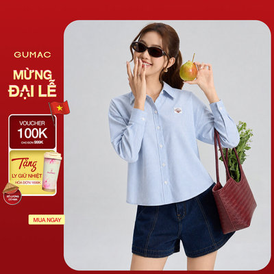 Áo Sơ Mi Nữ Gmorning - GUMAC Form Boxy Tay Dài Đường Chỉ Phối Nâu Hình Thêu Trước Ngực Thanh Lịch Nổi Bật YAG06045