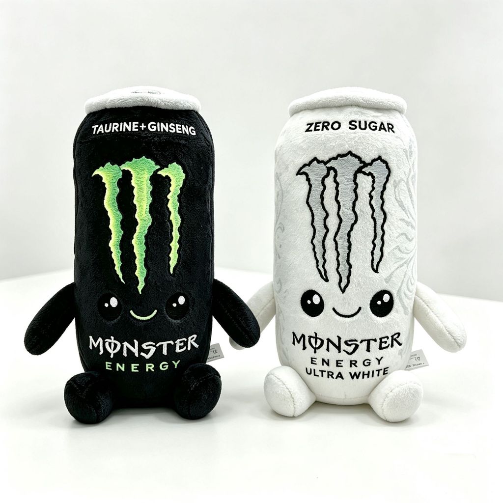 Thú nhồi bông lon Monster Energy (Đen/Xanh lá & Trắng Ultra Zero Sugar), hình hộp sữa có mặt cười, m