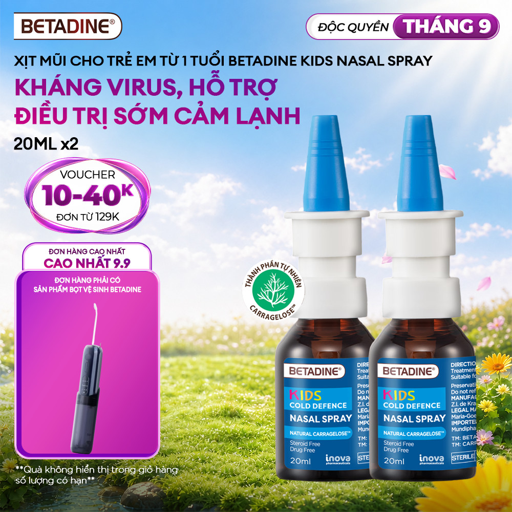 Bộ 2 xịt mũi cho trẻ em từ 1 tuổi Betadine 20ml giúp chăm sóc vùng mũi và giảm triệu chứng cảm lạnh