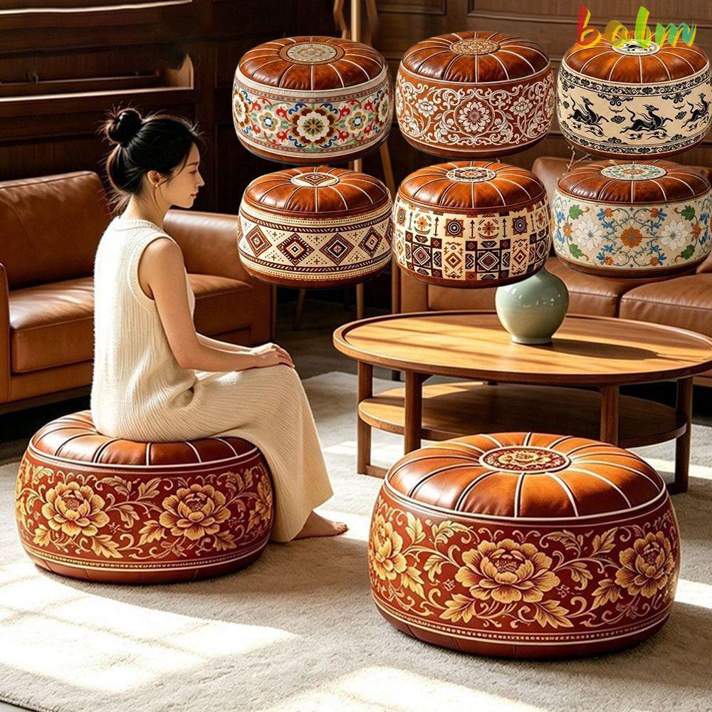 BALM Fillable Ottoman Pouf, Phong Cách Ma-rốc Hình Tròn Lưu Trữ Ottoman, Họa Tiết Thêu Da PU Tròn Po