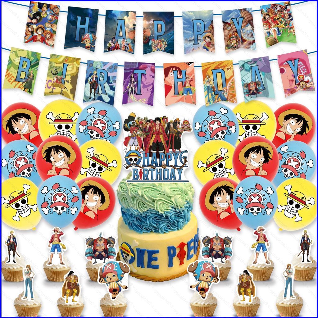 ONE PIECE Chủ đề trẻ em trang trí tiệc sinh nhật biểu ngữ bánh topper bóng xoáy bộ đồ dùng