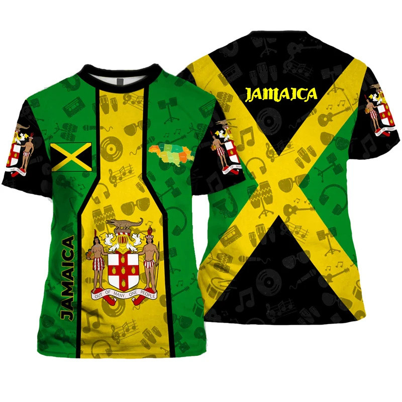 Jamaica Cờ Đồ Họa Áo Cho Nam Jamaica Quốc Huy 3D In Hình Tay Ngắn Mùa Hè Dạo Phố Áo Cổ Tròn Top Tee