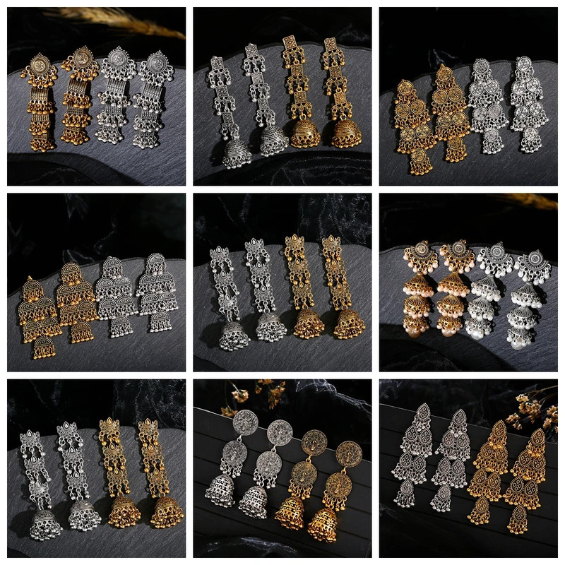 Nhiều Lớp Dân Tộc Dài Ấn Độ Jhumka Femmes Pendientes Vàng Retro Màu Bạc Hình Học Đèn Lồng Thả Bông T