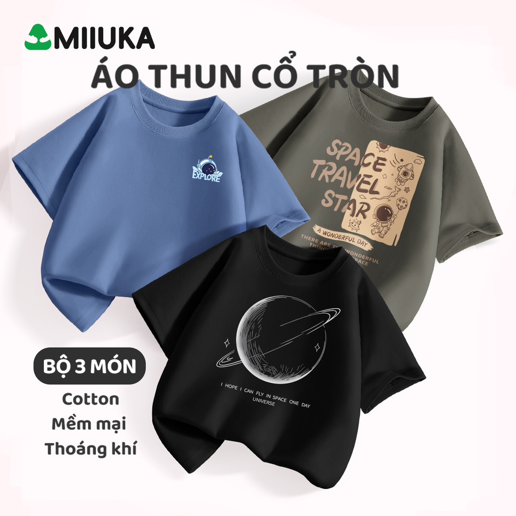 MIIUKA bộ 3 áo thun bé trai cổ tròn tay ngắn cotton cao cấp thoáng khí dễ mặc (LWDX-3)