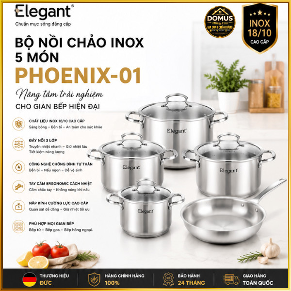 Bộ Nồi Chảo Inox Elegant Phoenix-01 5 Món Inox 18/10 Chính Hãng Bảo Hành 24 Tháng