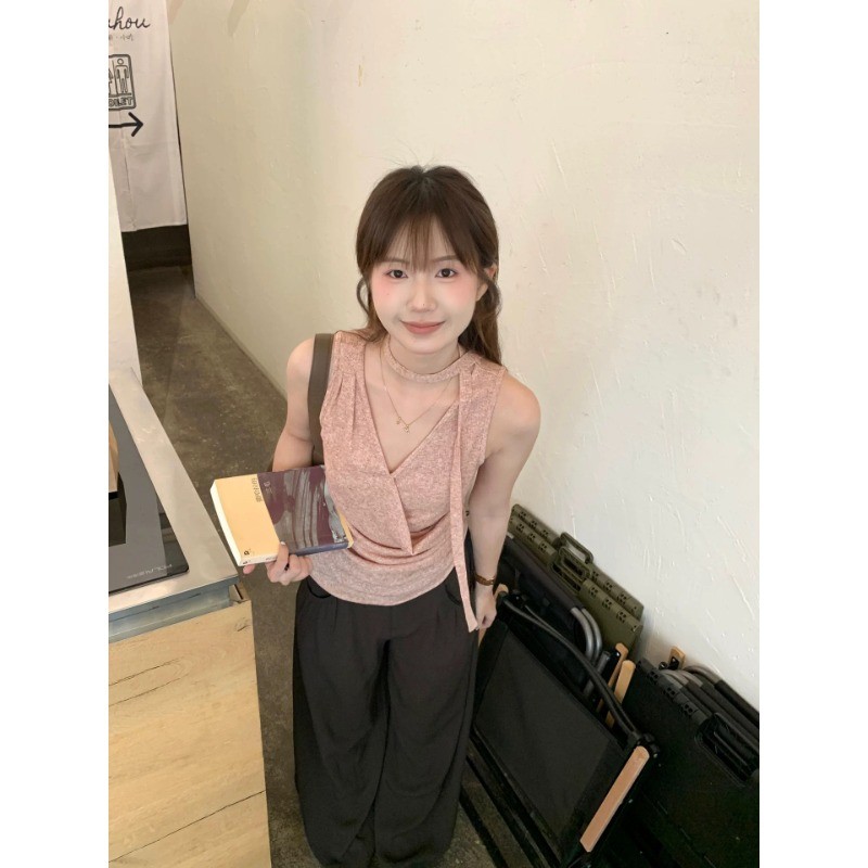 MR [Snowfleece] Phong Cách Nhẹ Nhàng Sen Hồng Bất Đối Xứng V-Cổ Áo Vest Nữ Tính Khí Mùa Hè Không Tay