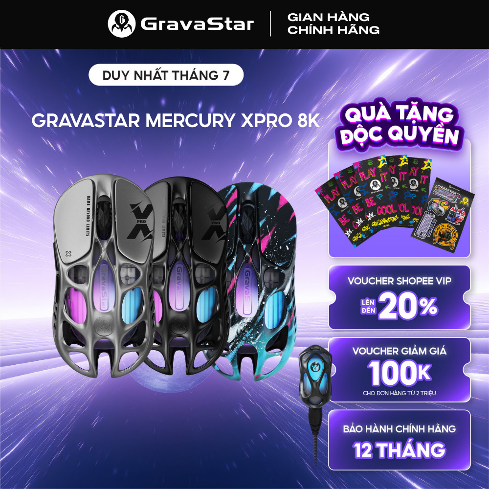 Chuột Gaming Không Dây GravaStar Mercury X Pro 8KHz RGB (Kèm Dongle 8K) 32.000DPI, PAW3950, Siêu nhẹ