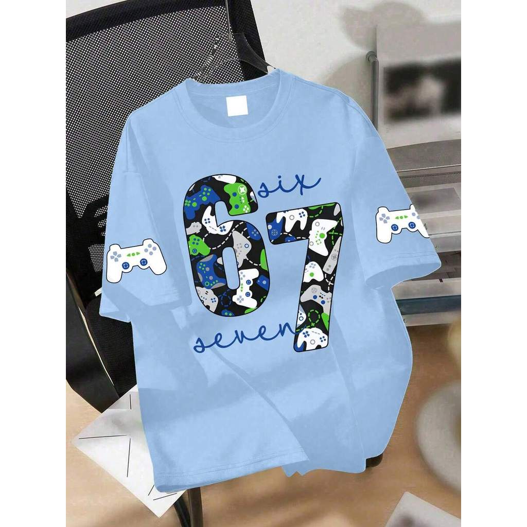 Áo thun oversize phong cách gaming cho nam thiếu niên, in hình tay cầm chơi game, điểm nhấn số "67" 