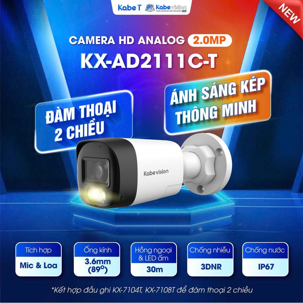 Camera Kabe vision KX-AD2111C-T | KX-AD2111C-A 2.0MP, Hồng ngoại, ánh sáng kép 20m, mic thu hình ảnh